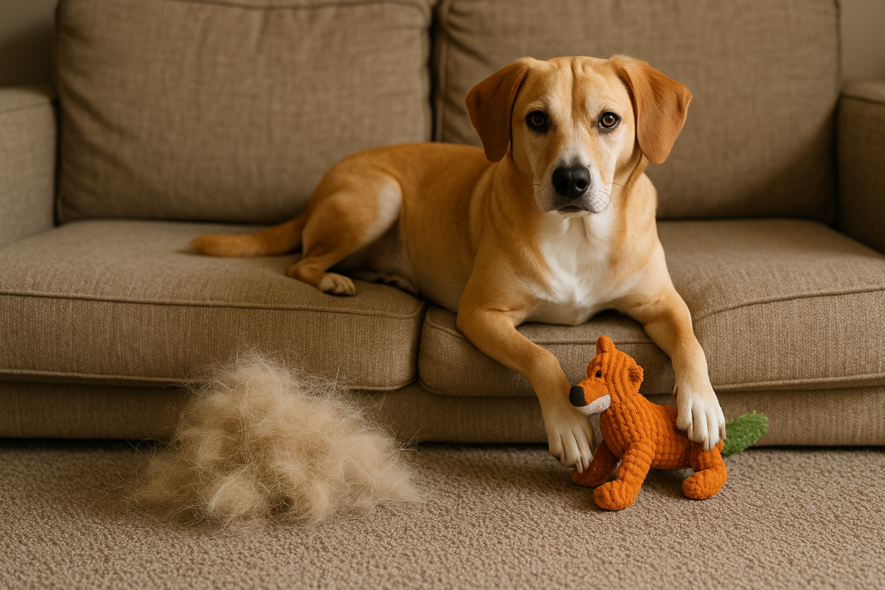 Dog lying on a couch with a toy, next to a pile of fur on the carpet